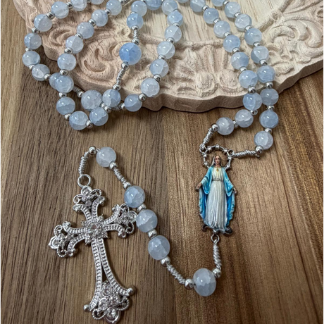 Crystal Bead Rosary with Our Lady of Graces – Light Blue