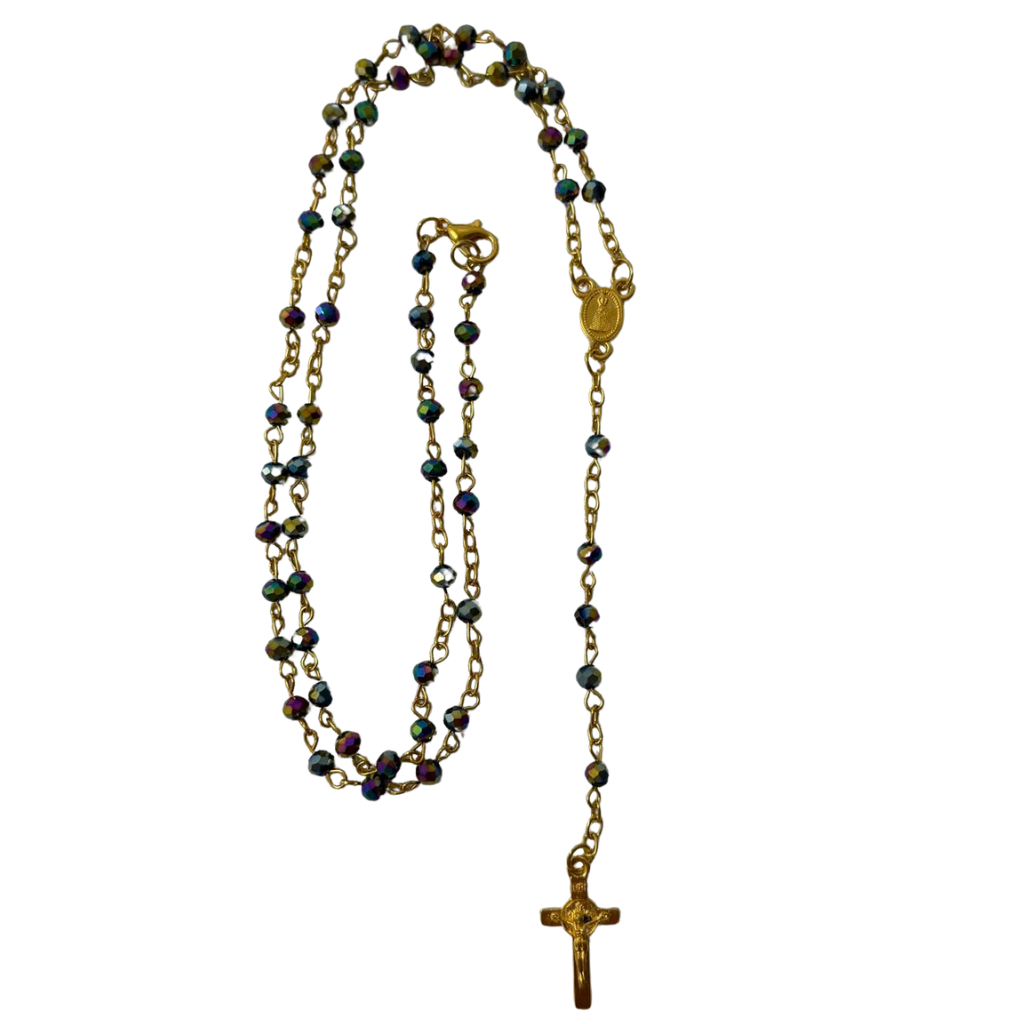 Golden Rosary with Iridescent Beads