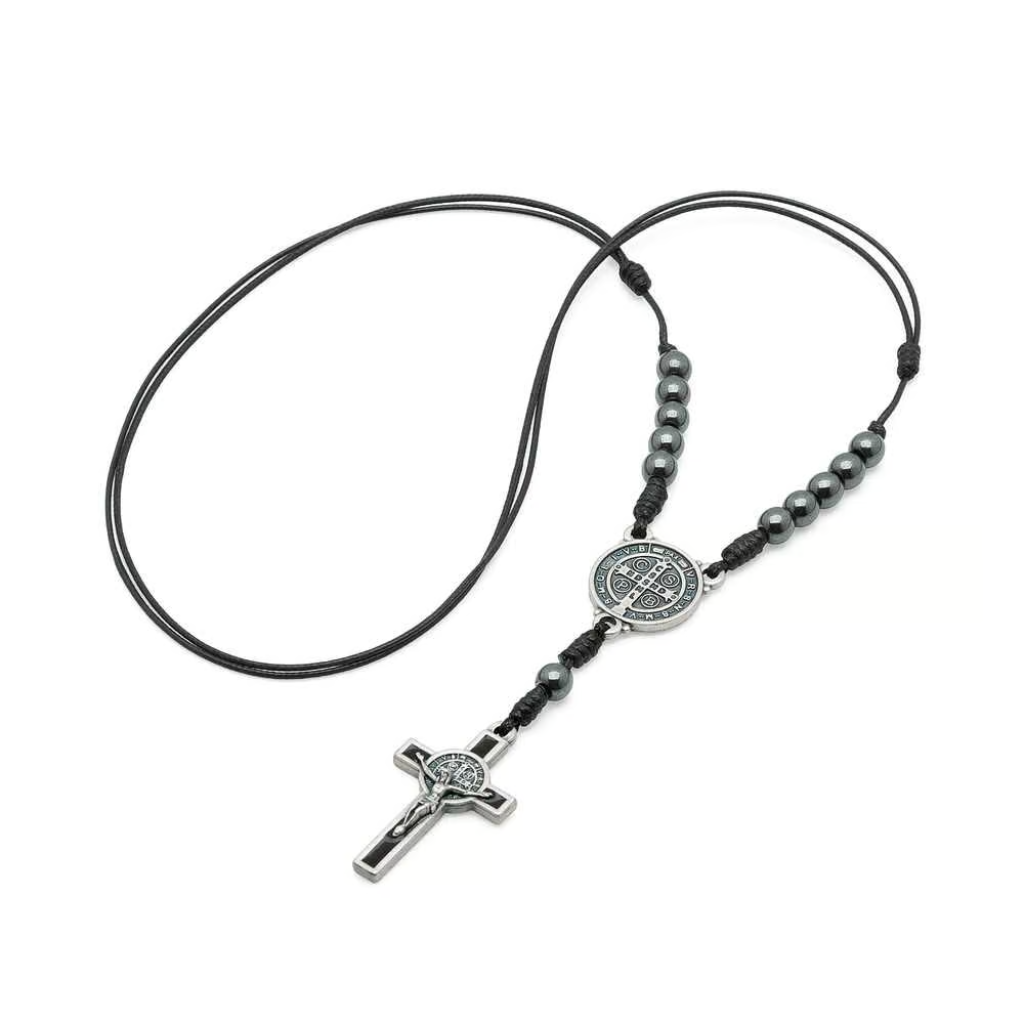 Necklace with a dozen hematite cross of Saint Benedict