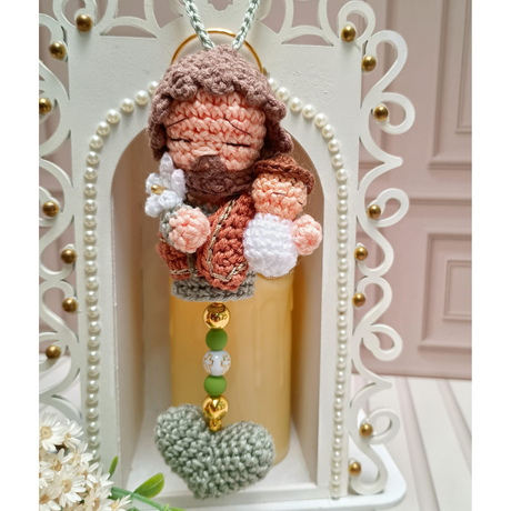 Rearview Mirror Pendant with Crochet Saint – 7cm
