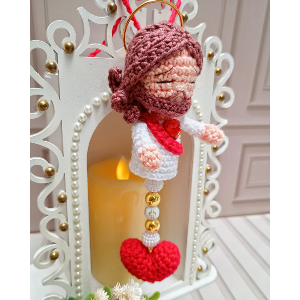 Rearview Mirror Pendant with Crochet Saint – 7cm