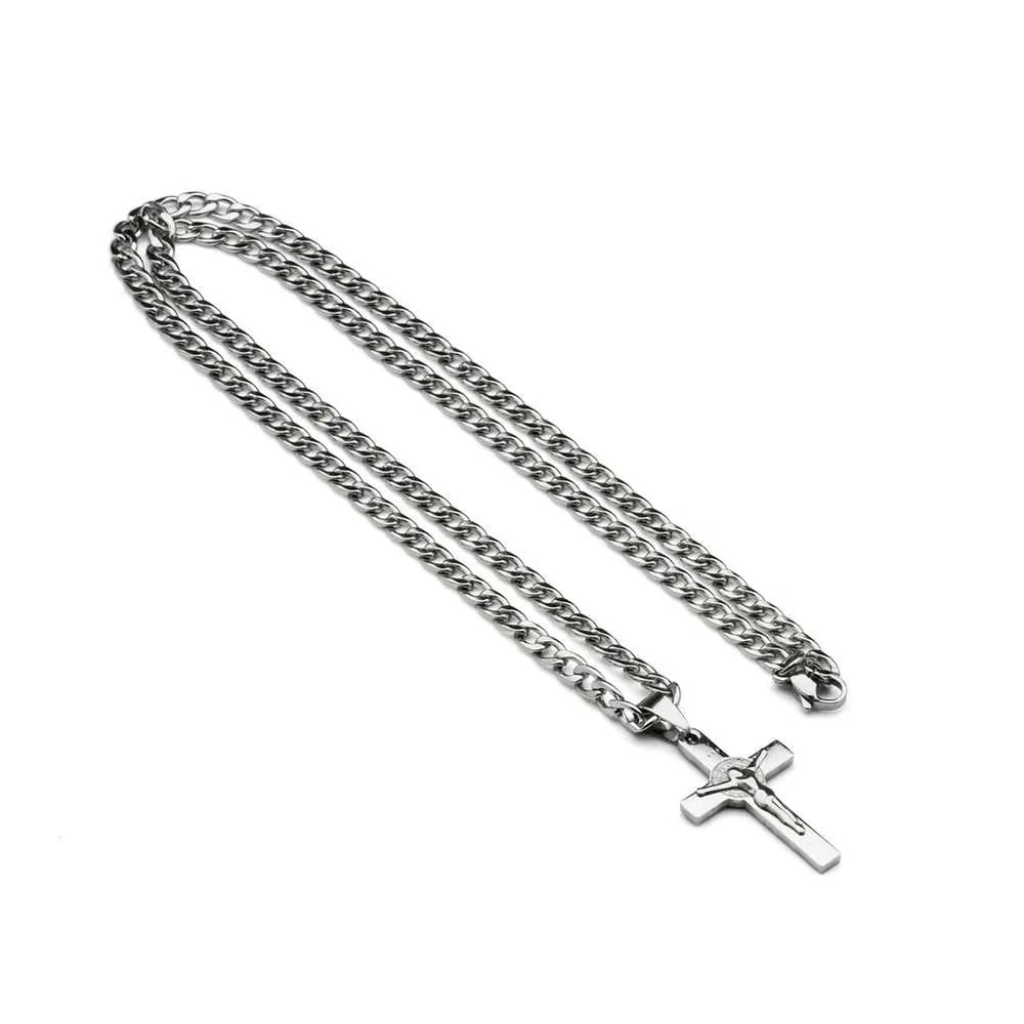 Colar Cruz em Aço Inox com São Bento