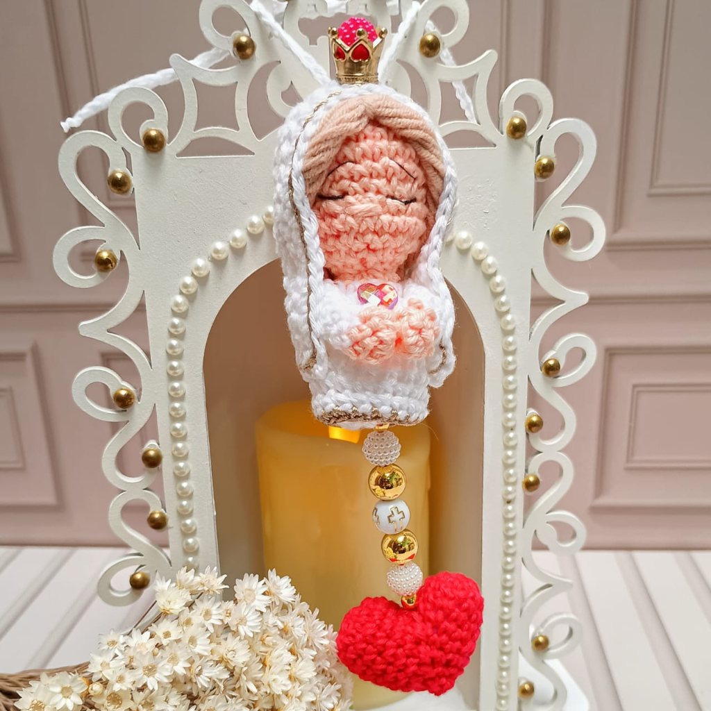 Rearview Mirror Pendant with Crochet Saint – 7cm