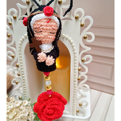 Rearview Mirror Pendant with Crochet Saint – 7cm