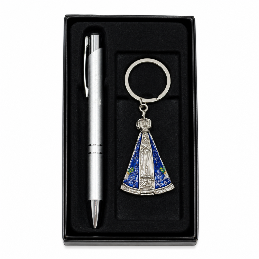 Kit Chaveiro e Caneta Nossa Senhora Aparecida Prata