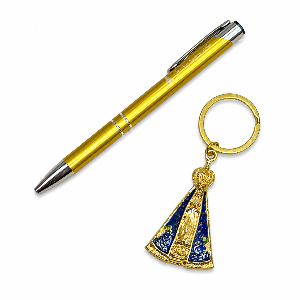 Kit Chaveiro e Caneta Nossa Senhora Aparecida Dourado