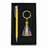 Kit Chaveiro e Caneta Nossa Senhora Aparecida Dourado