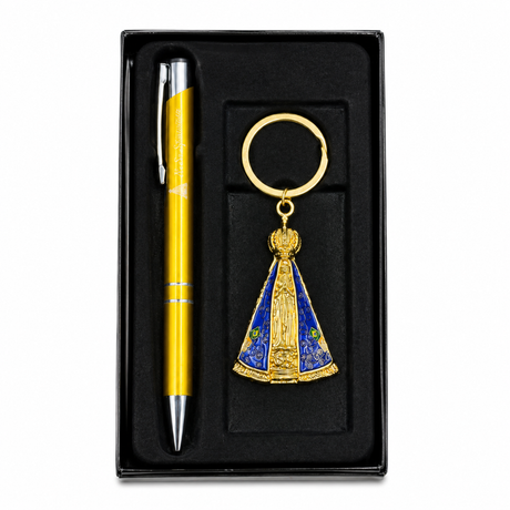 Kit Chaveiro e Caneta Nossa Senhora Aparecida Dourado