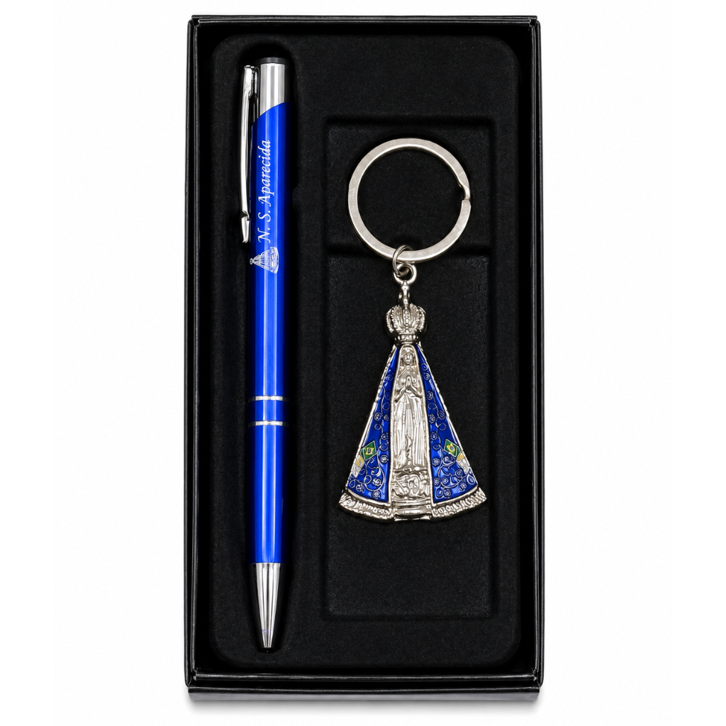 Kit Chaveiro e Caneta Nossa Senhora Aparecida Azul