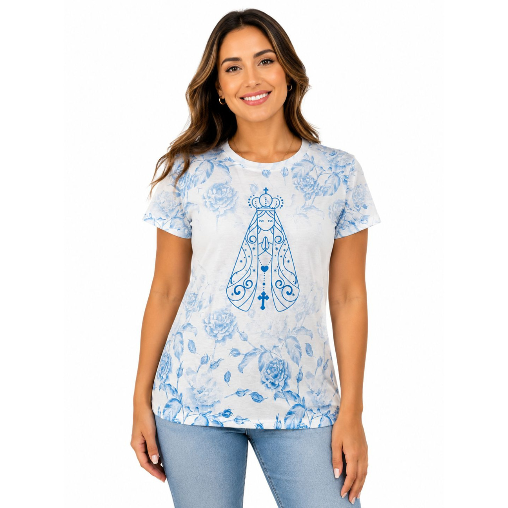 Camiseta Feminina Nossa Senhora Aparecida Azul