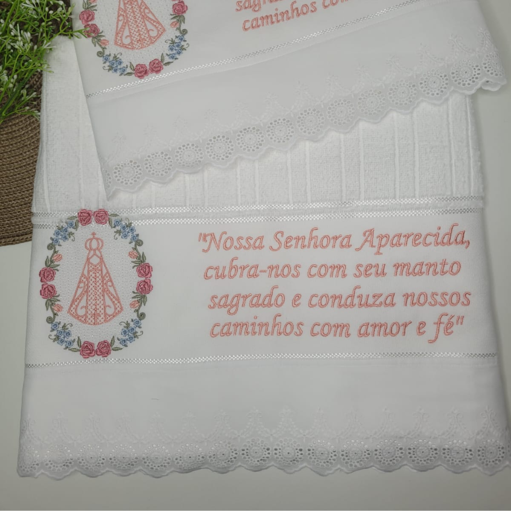 Embroidered Our Lady of Aparecida Bath and Face Towel Set