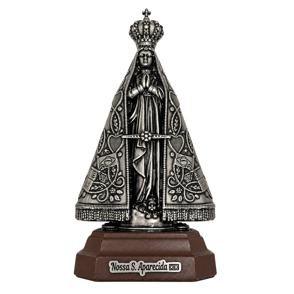 Adorno Nossa Senhora Aparecida Prateada com Base