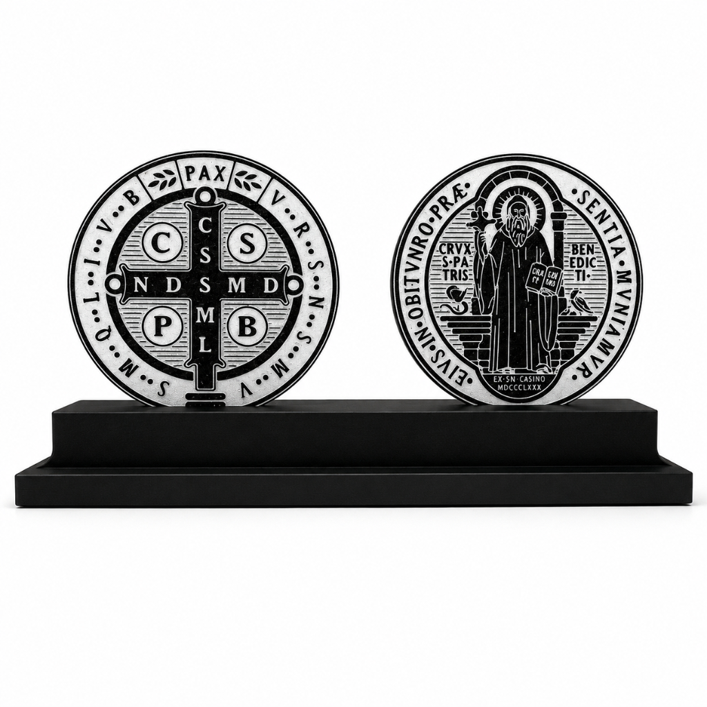 Medalha de São Bento Dupla com Base Decorativa em Impressão 3D-22 x 10 cm