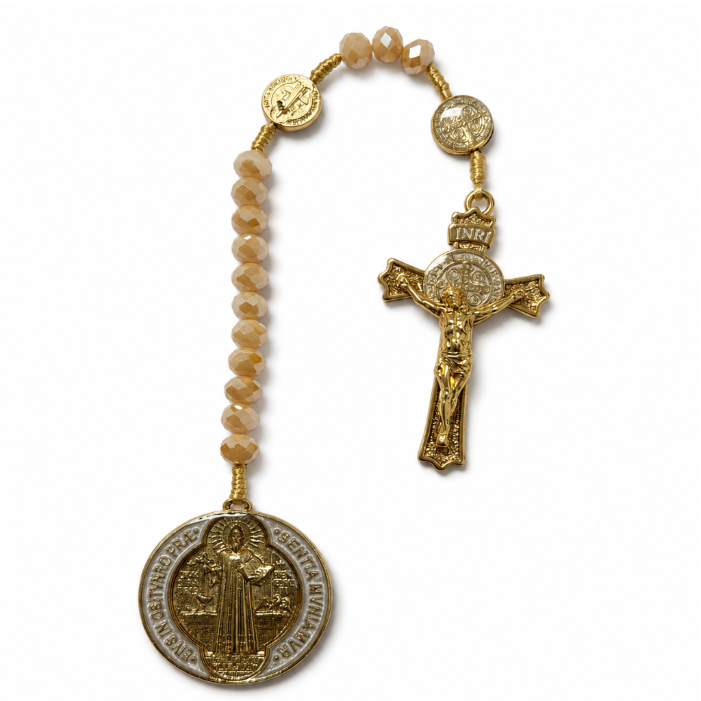 Marcador de Biblia -São Bento - Cristal Bege Irisado