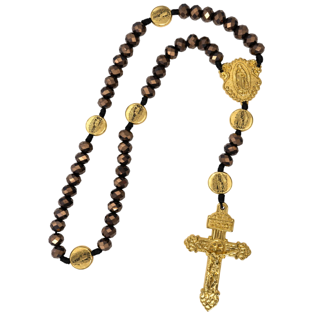 Terço Nossa Senhora de Guadalupe - Cristais Marrom Irisado