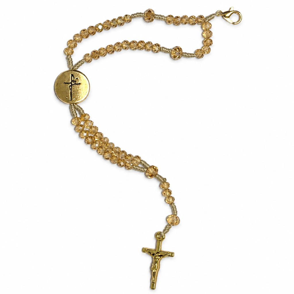 Pulseira Terço de Pulso Fé - Cristal Champanhe