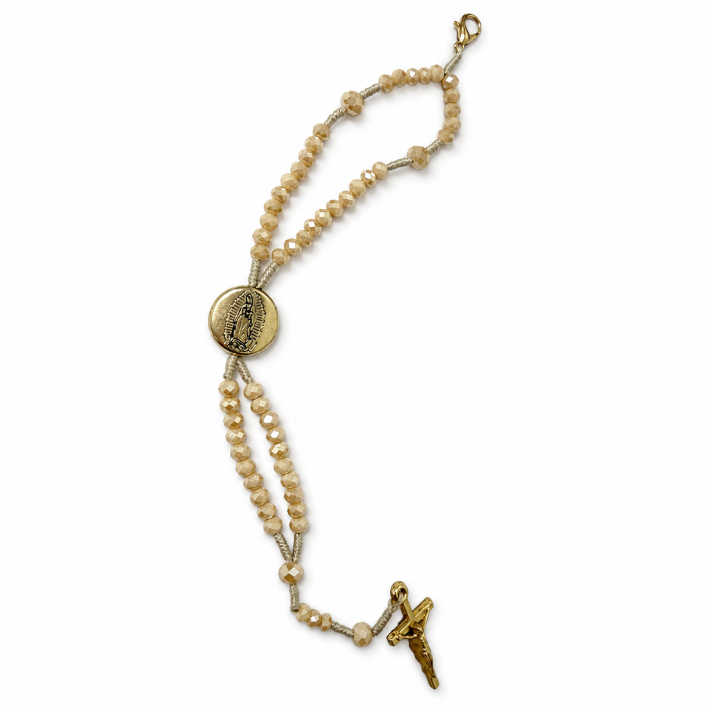 Terço de Pulso - Nossa Senhora de Guadalupe - Cristal Bege Irisado