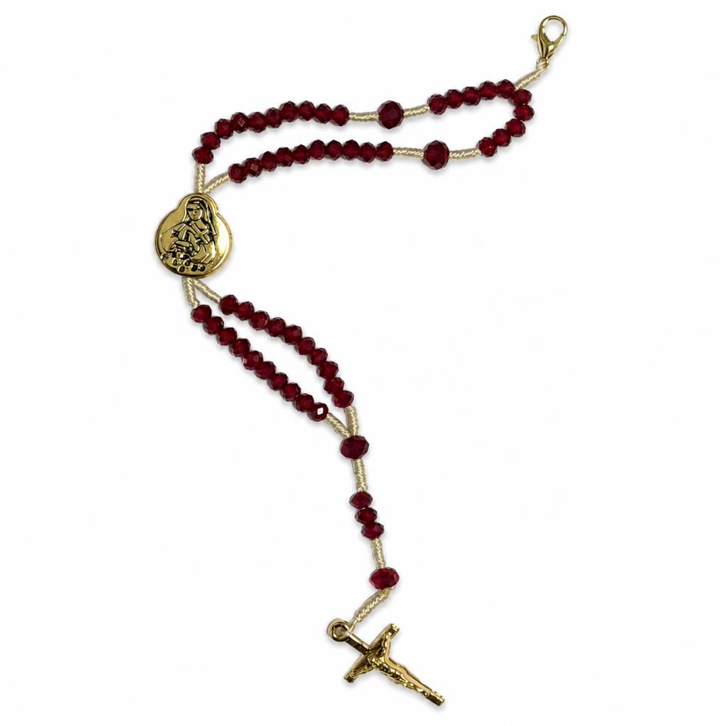 Pulseira Terço Santa Teresinha - Cristal Vermelho Rubi