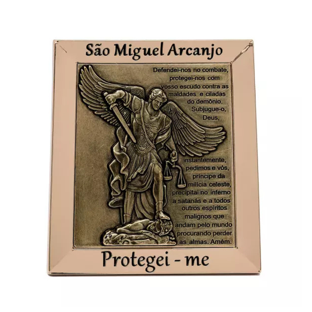 Quadro de São Miguel Arcanjo com Oração Dourado com Ouro Velho 12cm