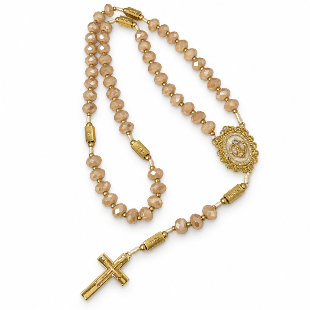 Terço Nossa Senhora Aparecida em Cristais Champagne