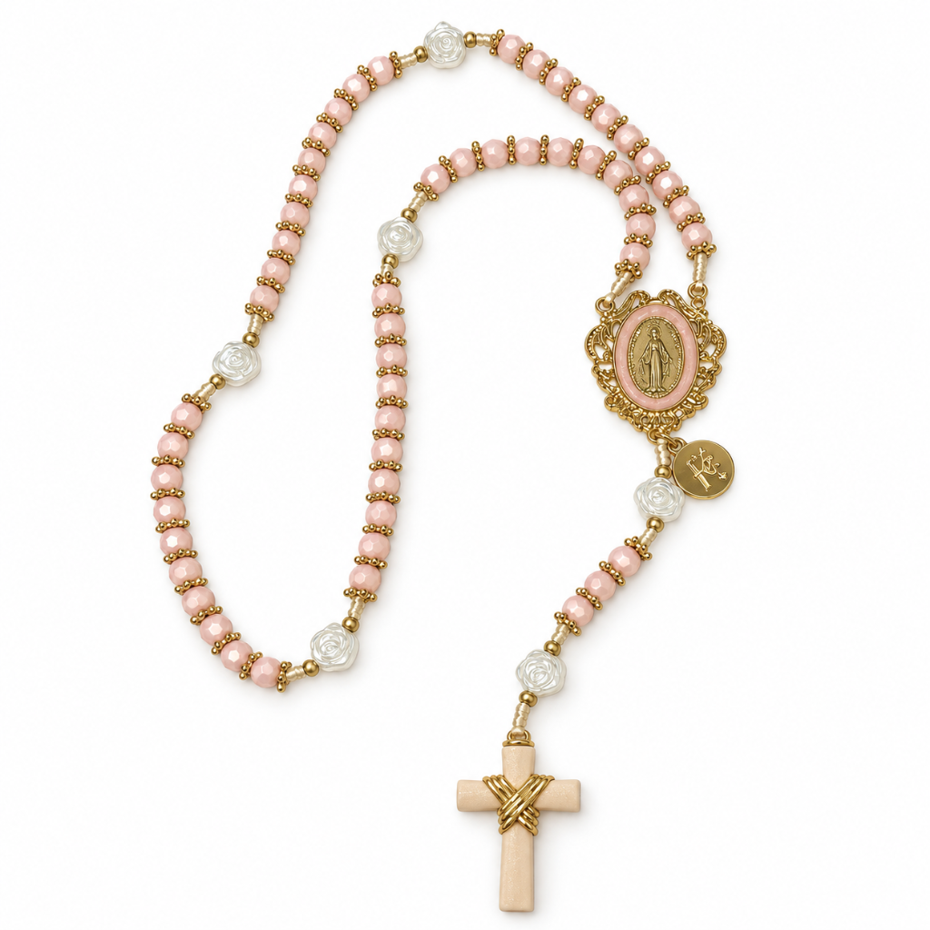 Terço Nossa Senhora das Graças Rosa com Rosas