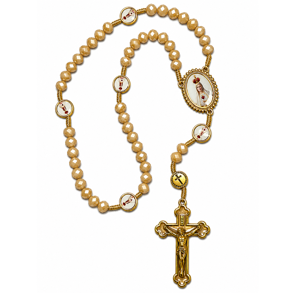 Terço Nossa Senhora de Fátima - Cristal Bege Irisado