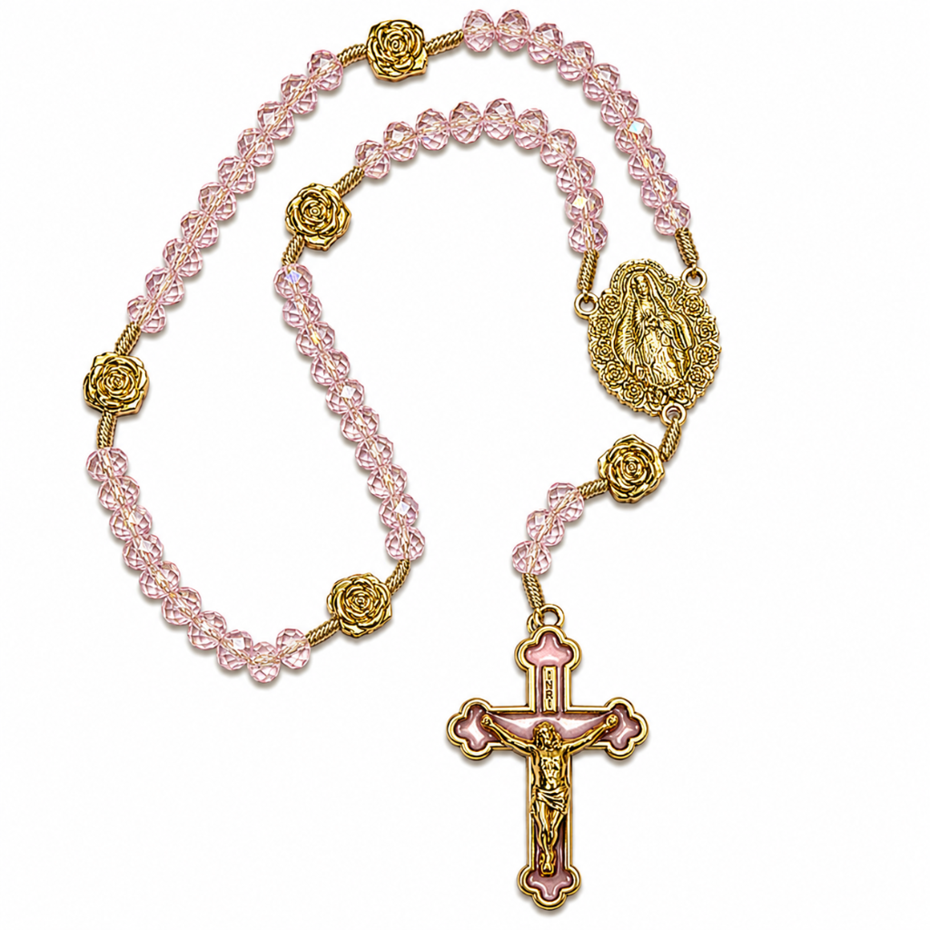 Terço Santa Teresinha - Cristal Rose - Dourado