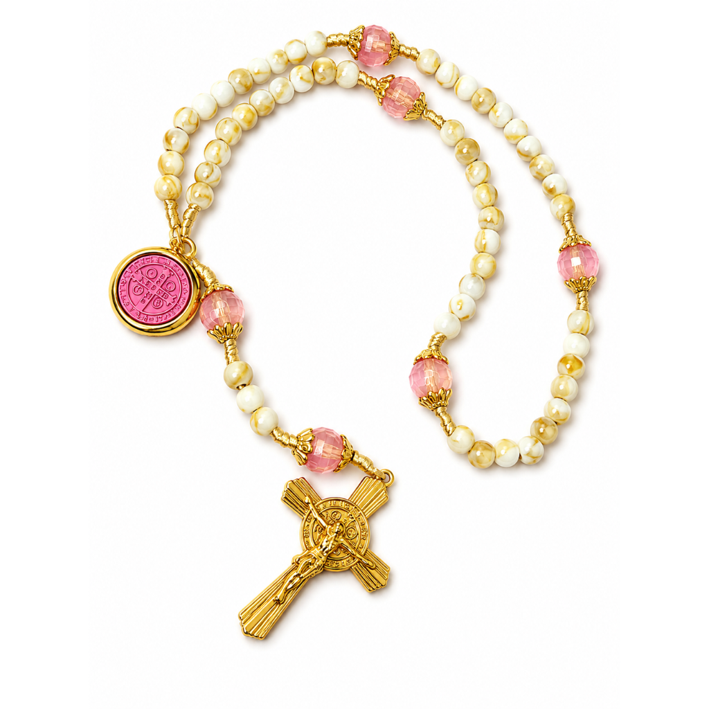 Terço de São Bento Rosa e Dourado