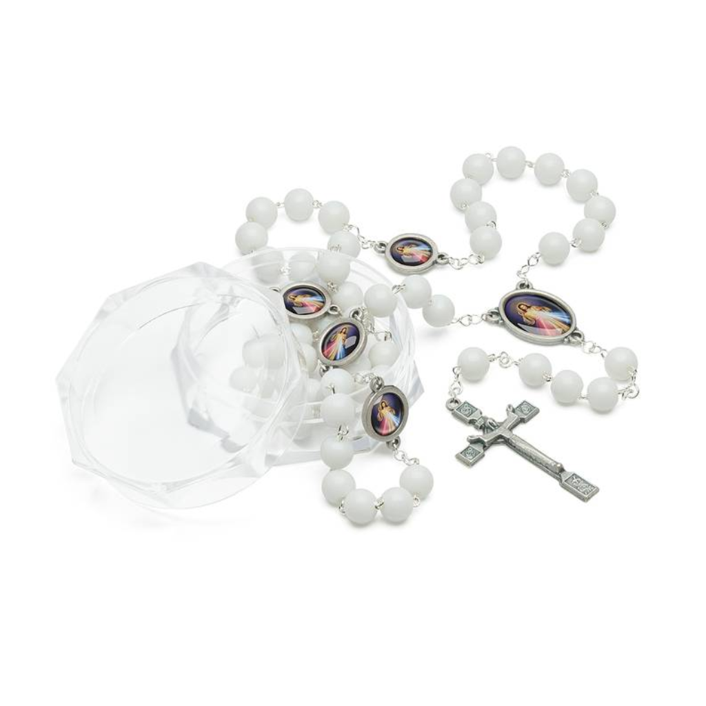 Terço Glacial Branco 8 mm Jesus Misericordioso