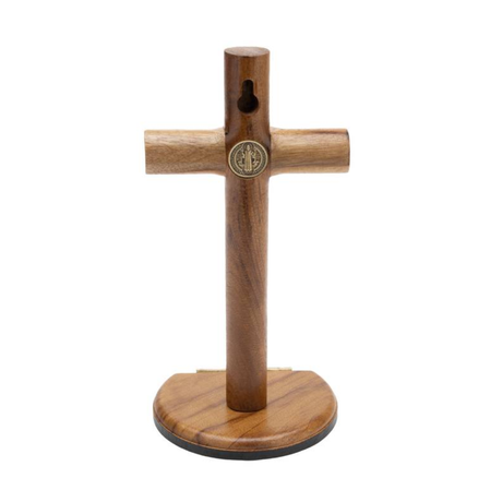 Cylindrical Crucifix for Wall and Table, Saint Benedict, Gold, 17 cm, Brown