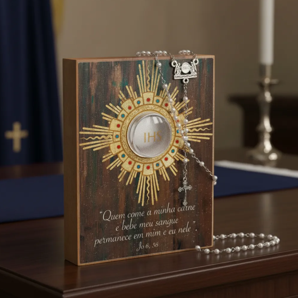 Eucharistic Souvenir Monstrance in Imbuia Wood with Rosary