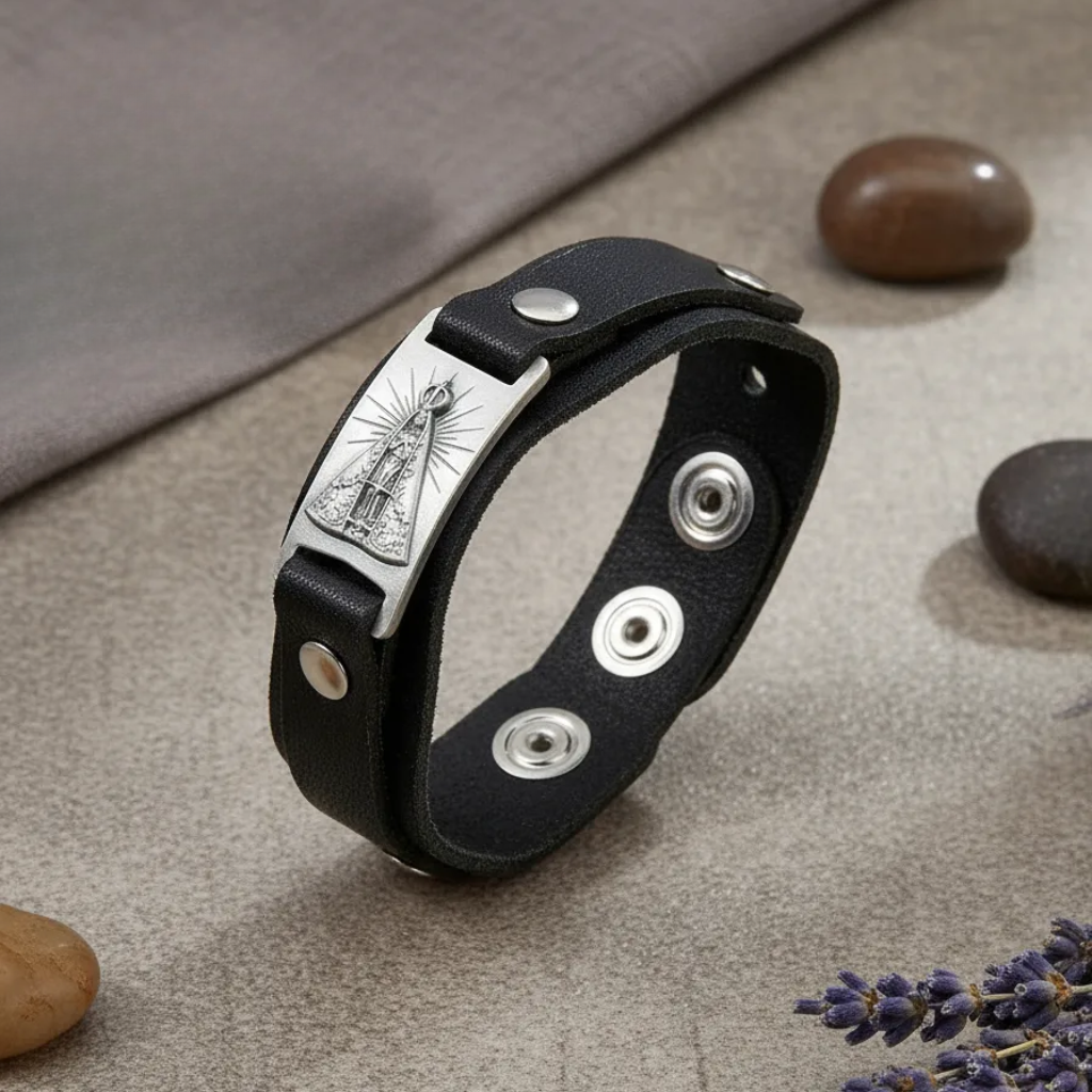 Pulsera ajustable de cuero negro con diseño de Nuestra Señora de Aparecida - Negro