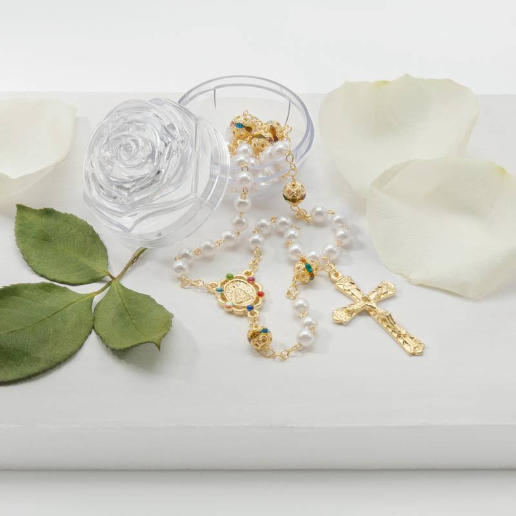 White Pearl Rosary of Our Lady with Rhinestones