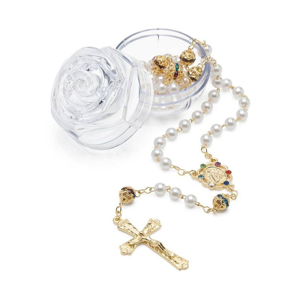 White Pearl Rosary of Our Lady with Rhinestones