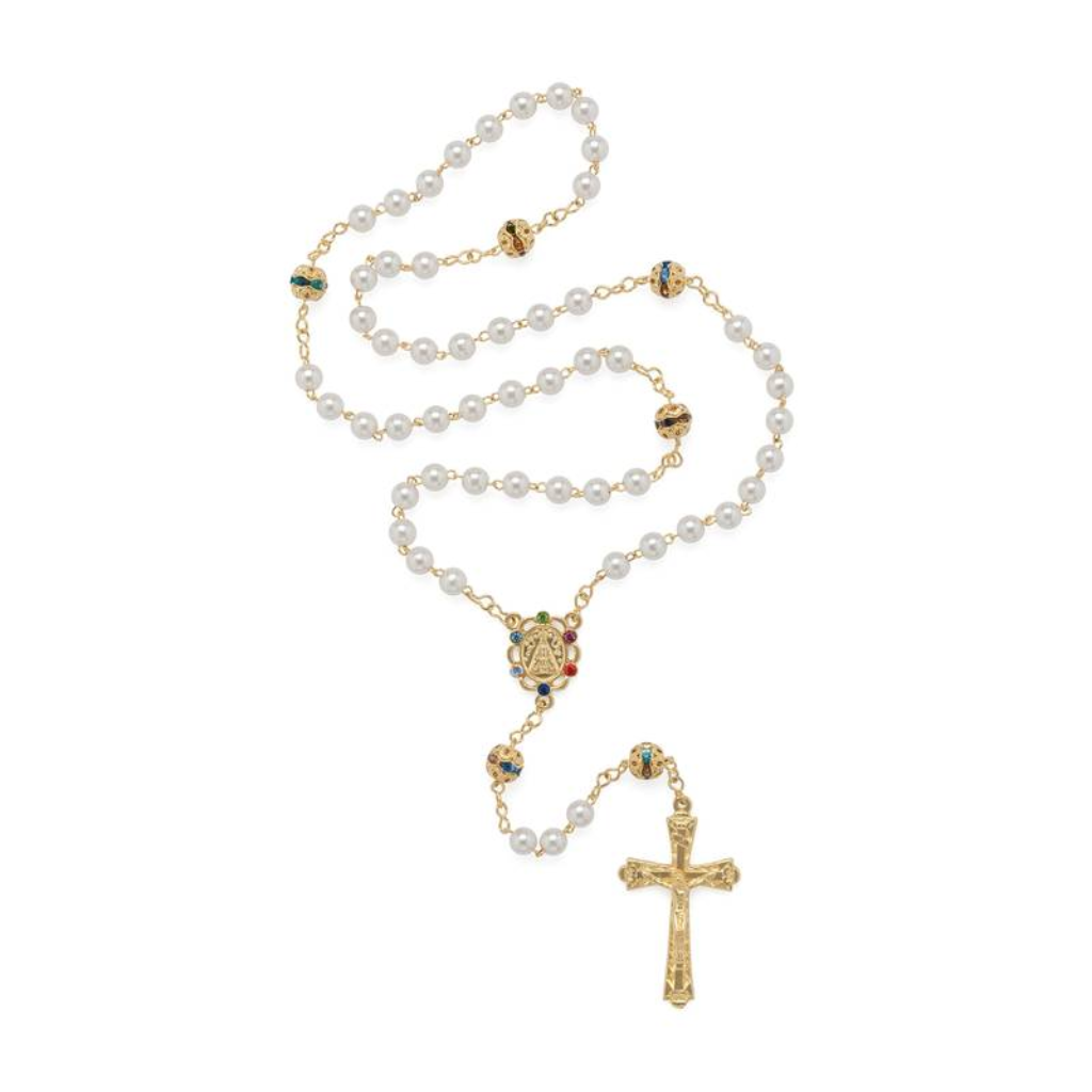 White Pearl Rosary of Our Lady with Rhinestones