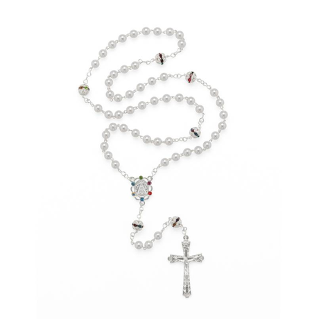 Our Lady Rosary with Rhinestones - White Pearl