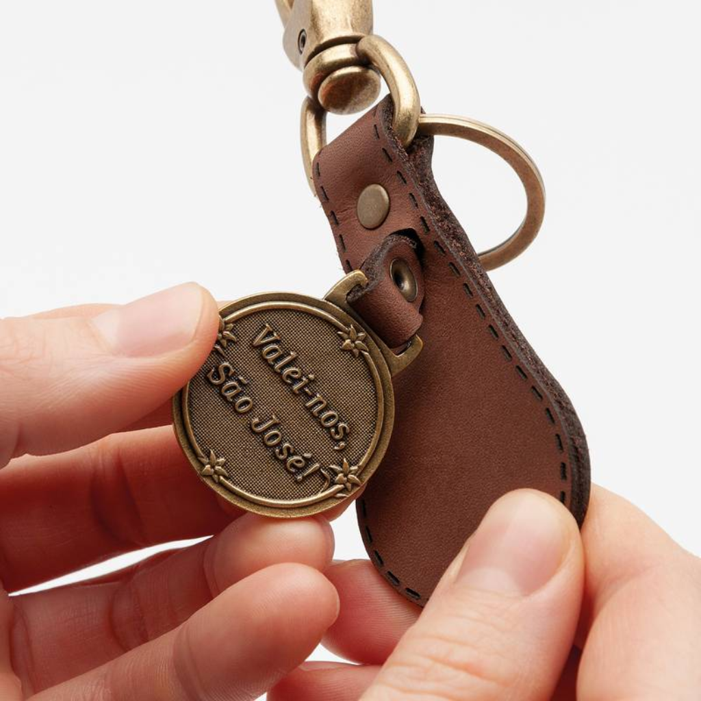 St. Joseph Keychain, Brown Leather, Luxury Antique Gold
