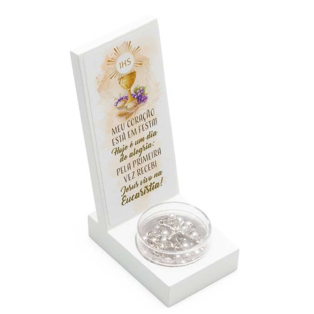 Lembrancinha De Eucaristia Frase Madeira Mdf + Terço Rosário