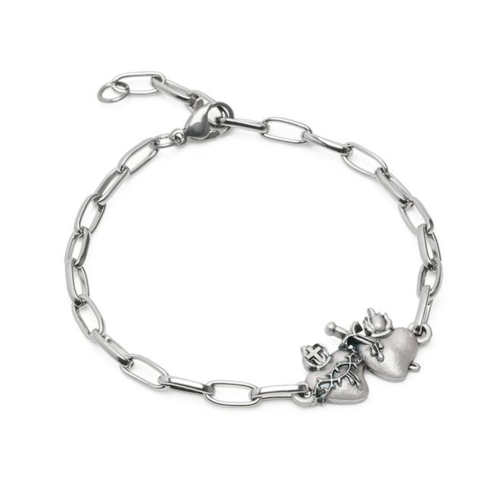 Pulsera de acero inoxidable con colgante Sagrados Corazones de Jesús y María.