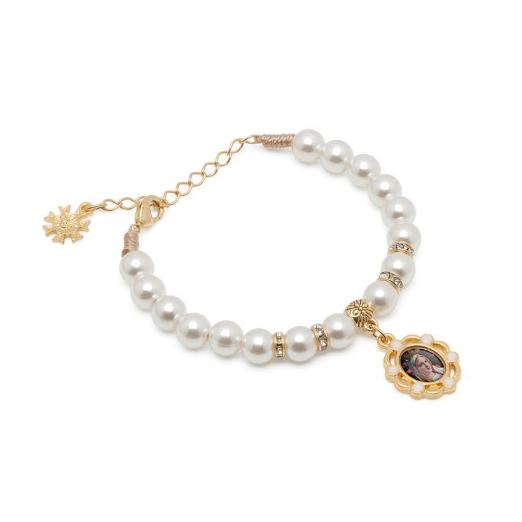 Pulseira Maria Passa a Frente - Perola 8mm Cordão c/Medalha Resinada