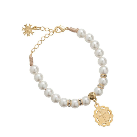 Pulsera María Pasa al Frente - Cordón de Perlas de 8mm con Medalla de Resina