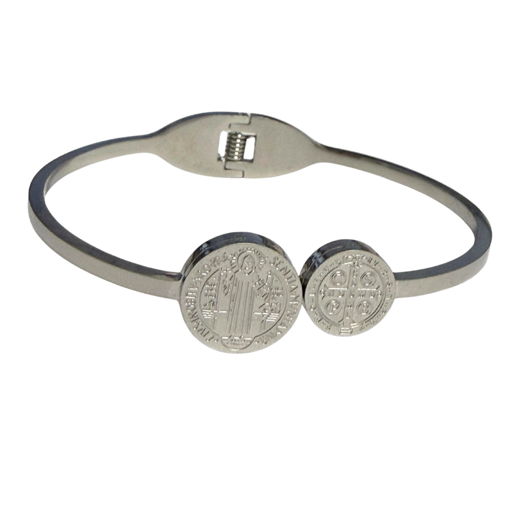 Conjunto de Pulseras con Medalla de San Benito + "Que la Santa Cruz sea mi Luz" COLOR PLATA