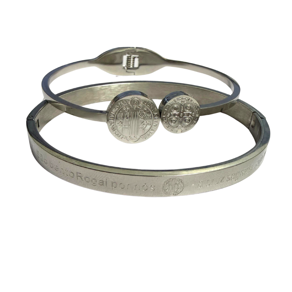 Conjunto de Pulseras con Medalla de San Benito + "Que la Santa Cruz sea mi Luz" COLOR PLATA
