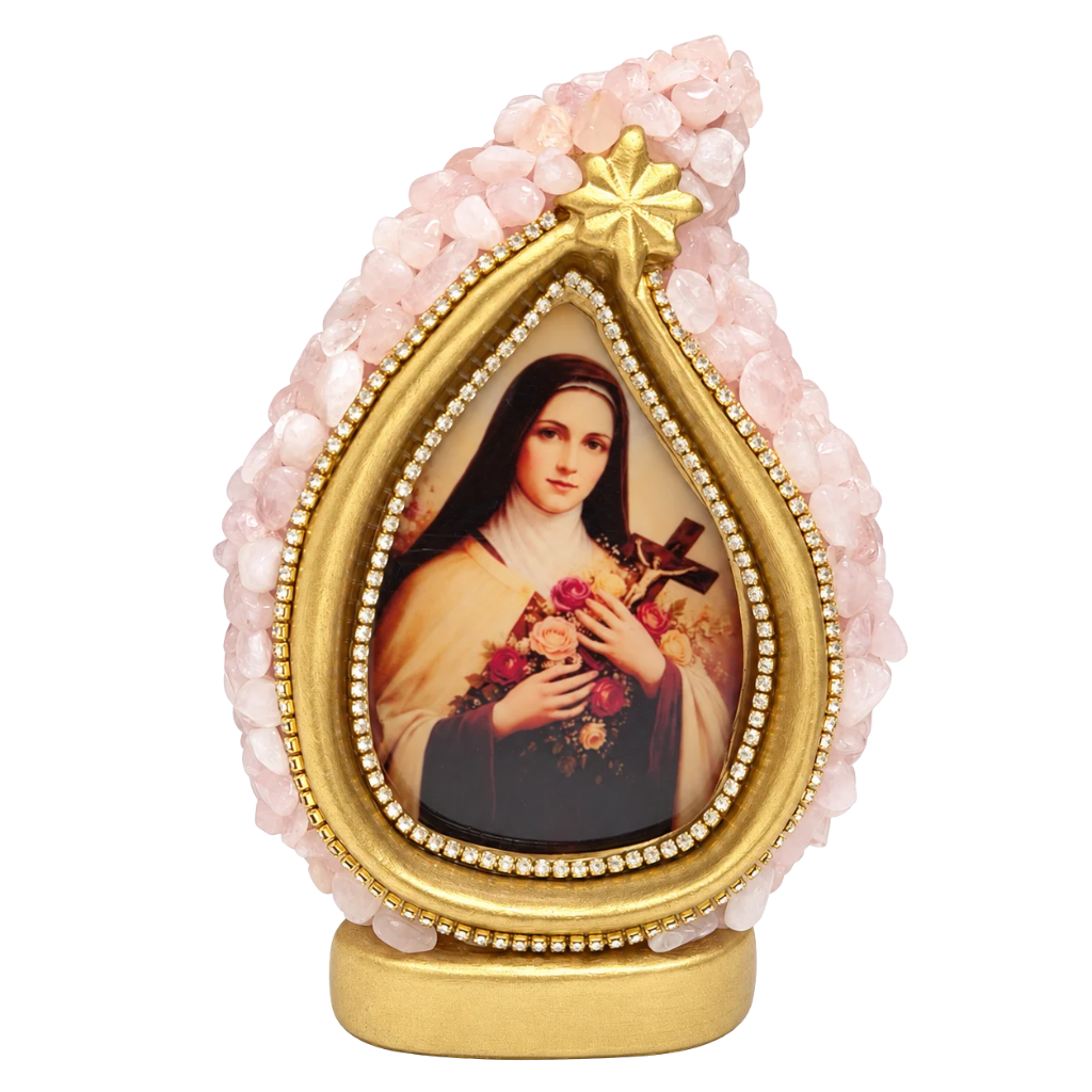 Kit Santa Teresinha com Gota de Pedras Rosas e Terço