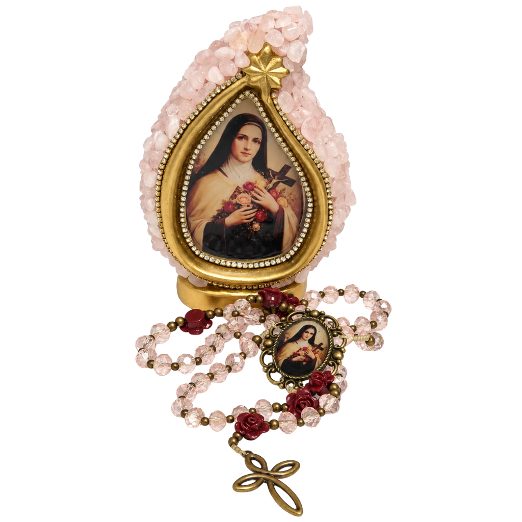 Kit Santa Teresinha com Gota de Pedras Rosas e Terço