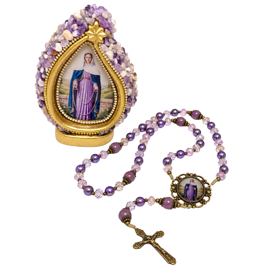 Kit Nossa Senhora das Lágrimas com Gota de Pedras Lilás e Terço