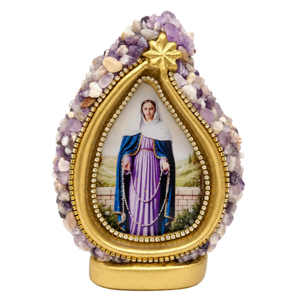 Kit Nossa Senhora das Lágrimas com Gota de Pedras Lilás e Terço