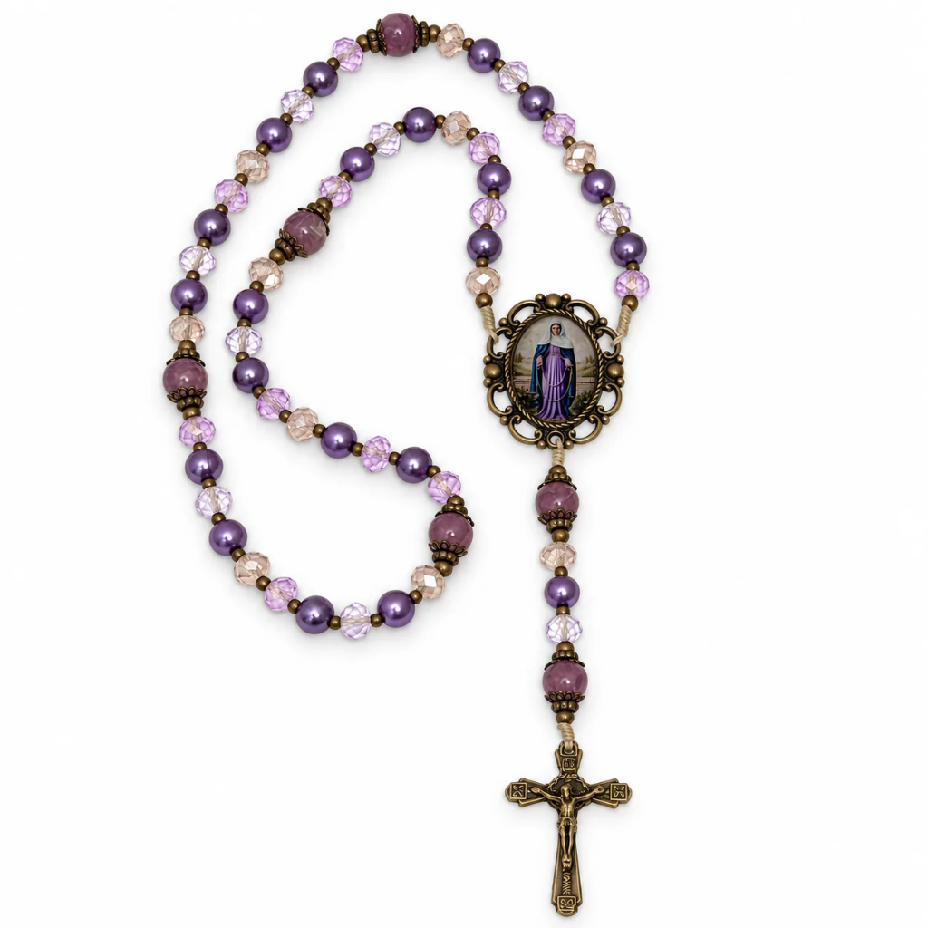 Kit Nossa Senhora das Lágrimas com Gota de Pedras Lilás e Terço