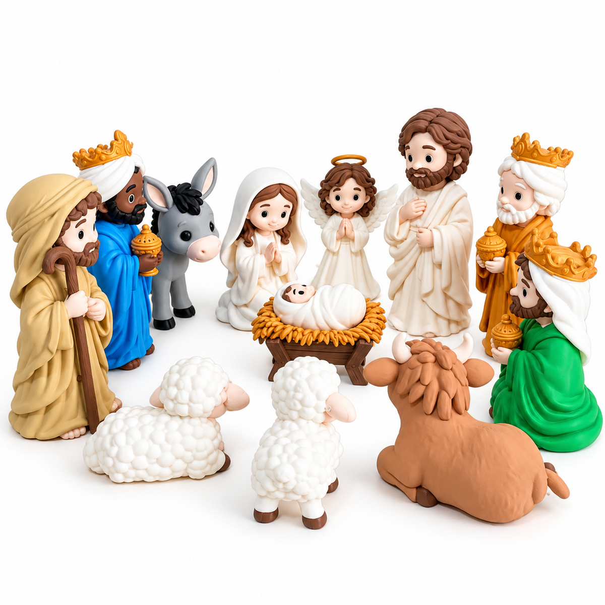 Presépio colorido em impressão 3D com 12 peças e personagens em pé de aproximadamente 20 cm