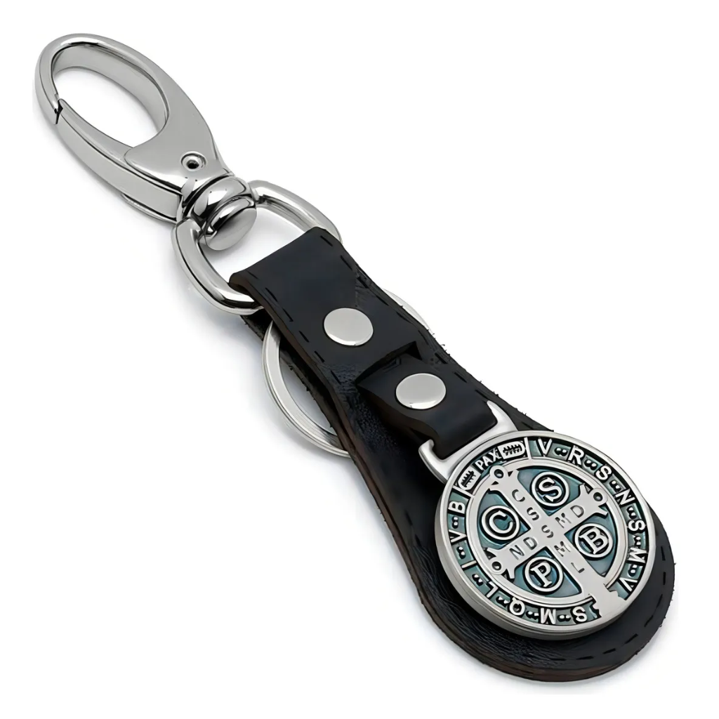 Chaveiro Couro Luxo Preto Medalha São Bento